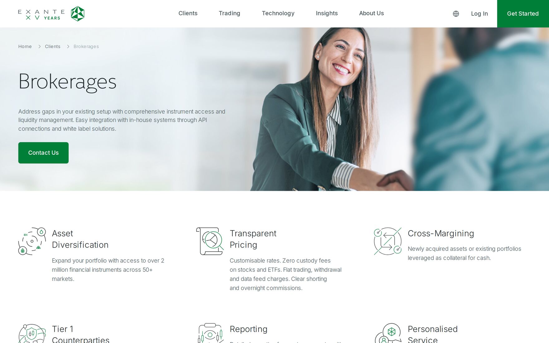 EXANTE brokerages page, headed Brokerages, listing asset diversification, transparent pricing, cross-margining, Tier 1 counterparties, reporting and personalised service.