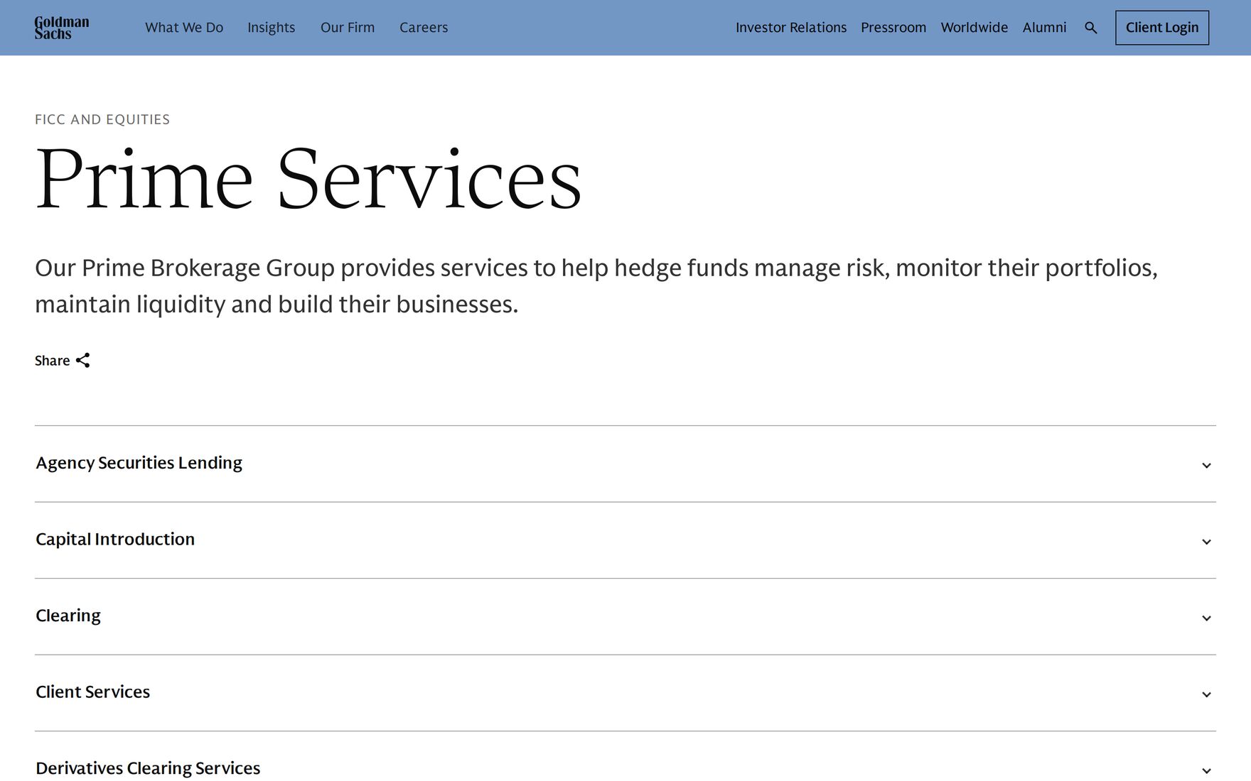 Goldman Sachs Prime Services page under FICC and Equities, listing agency securities lending, capital introduction, clearing, client services and derivatives clearing.