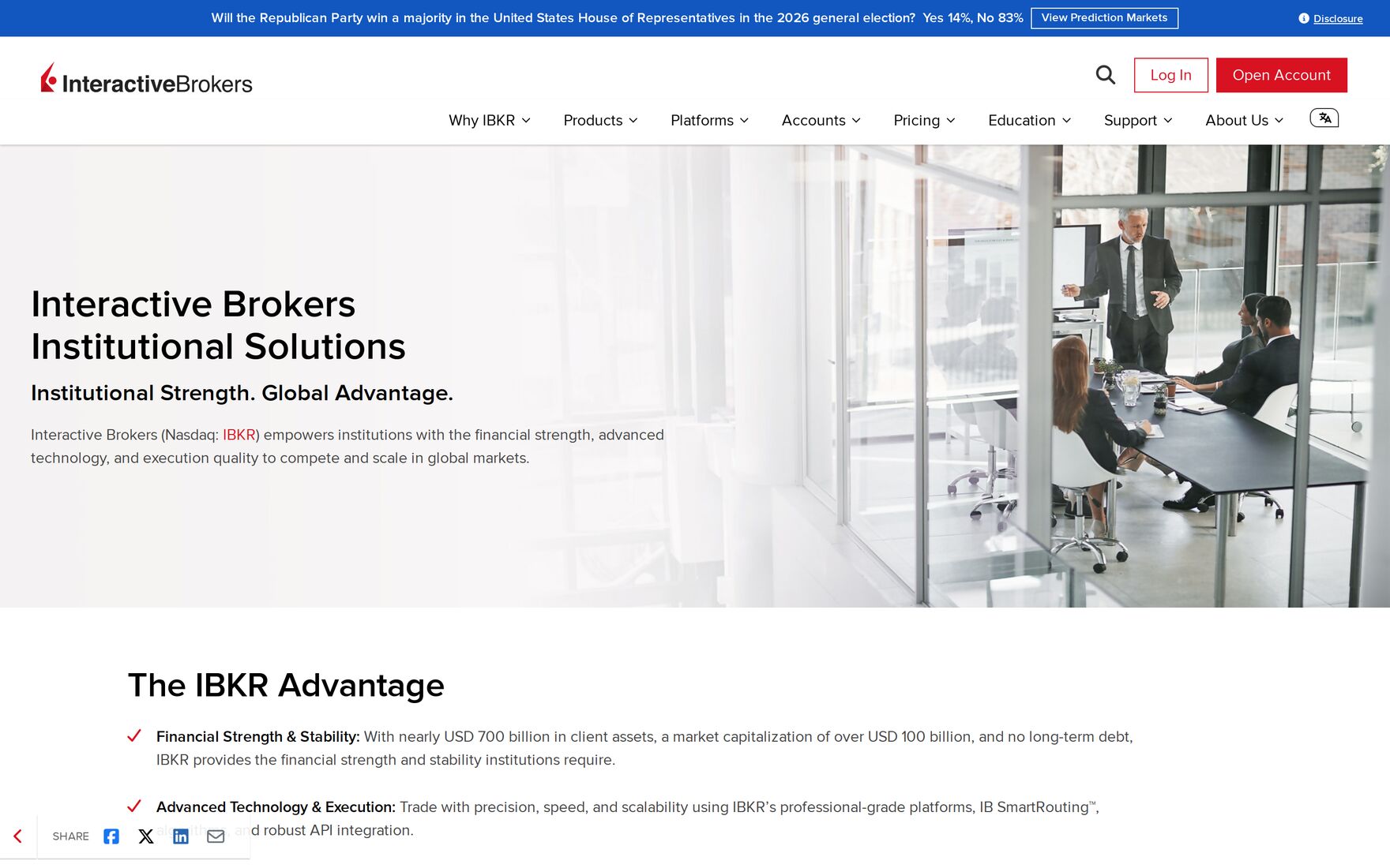 Interactive Brokers Institutional Solutions page, headed Institutional Strength, Global Advantage, above a section called The IBKR Advantage.