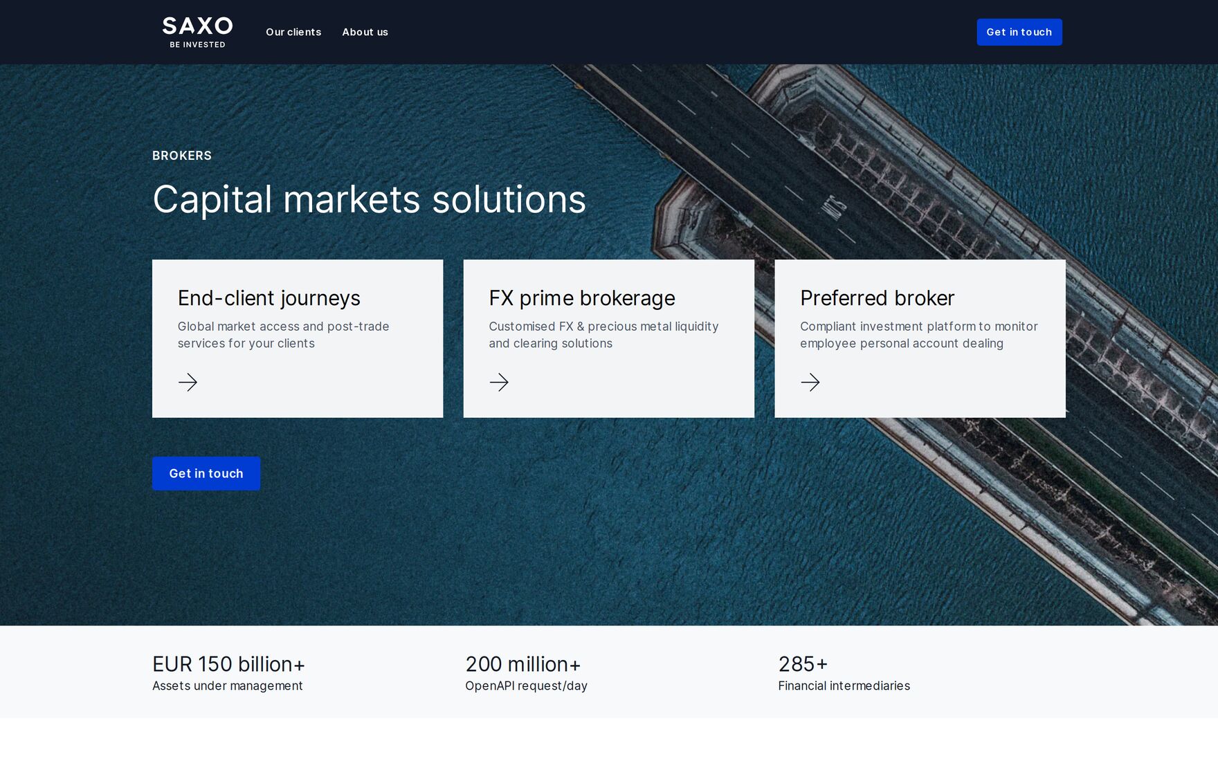Saxo institutional page for brokers, headed Capital markets solutions, with cards for end-client journeys, FX prime brokerage and preferred broker.